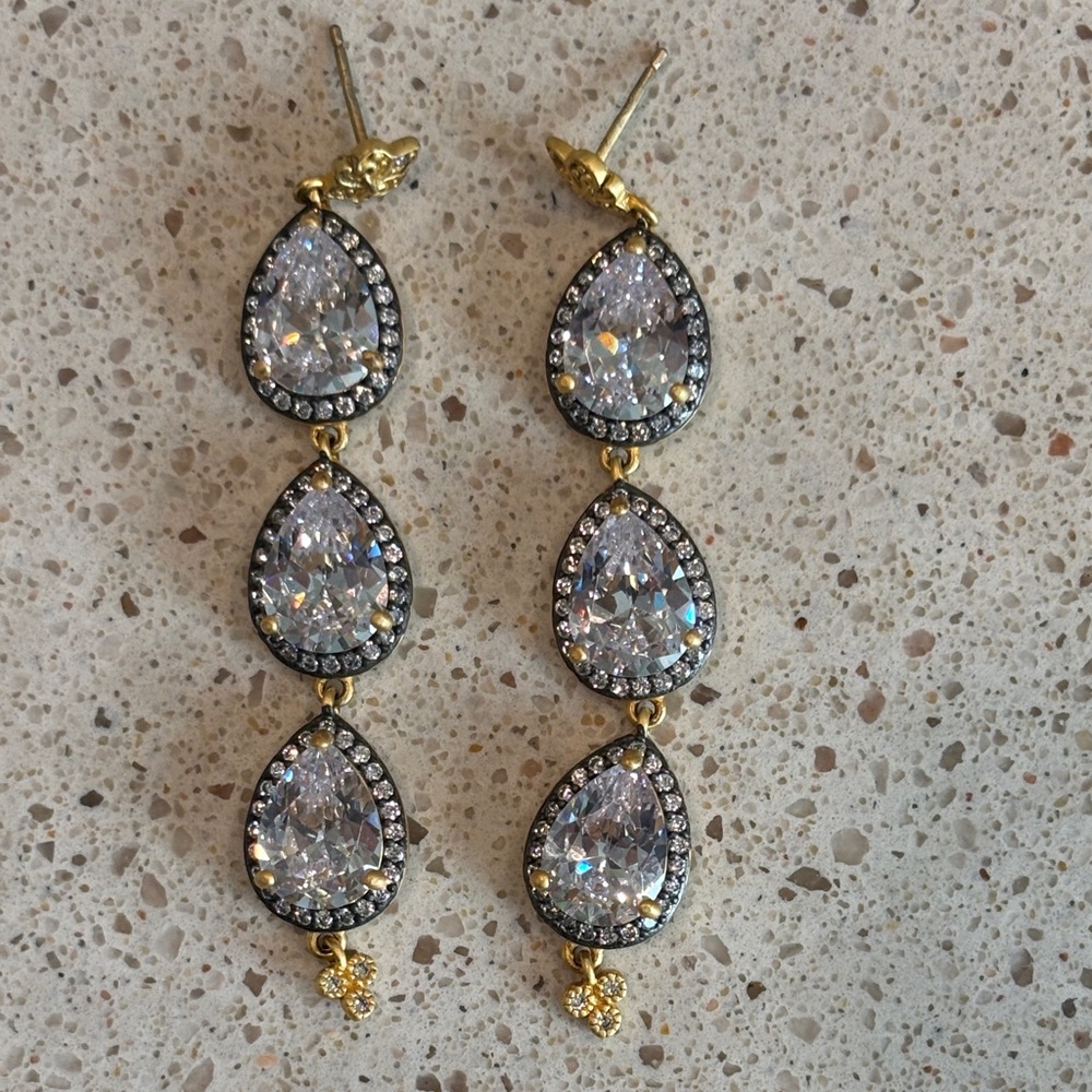 Gold Teardrop Dangle Earrings Clear Crystals Freida Rothman 925 sterling